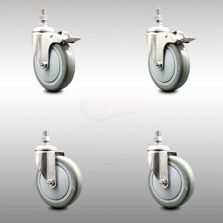 Service Caster 5 Inch 316SS Gray Polyurethane 12mm Threaded Stem Caster Lock Brake, 2PK SCC-SS316TSTTL20S514-PPUB-M1215-2-S2